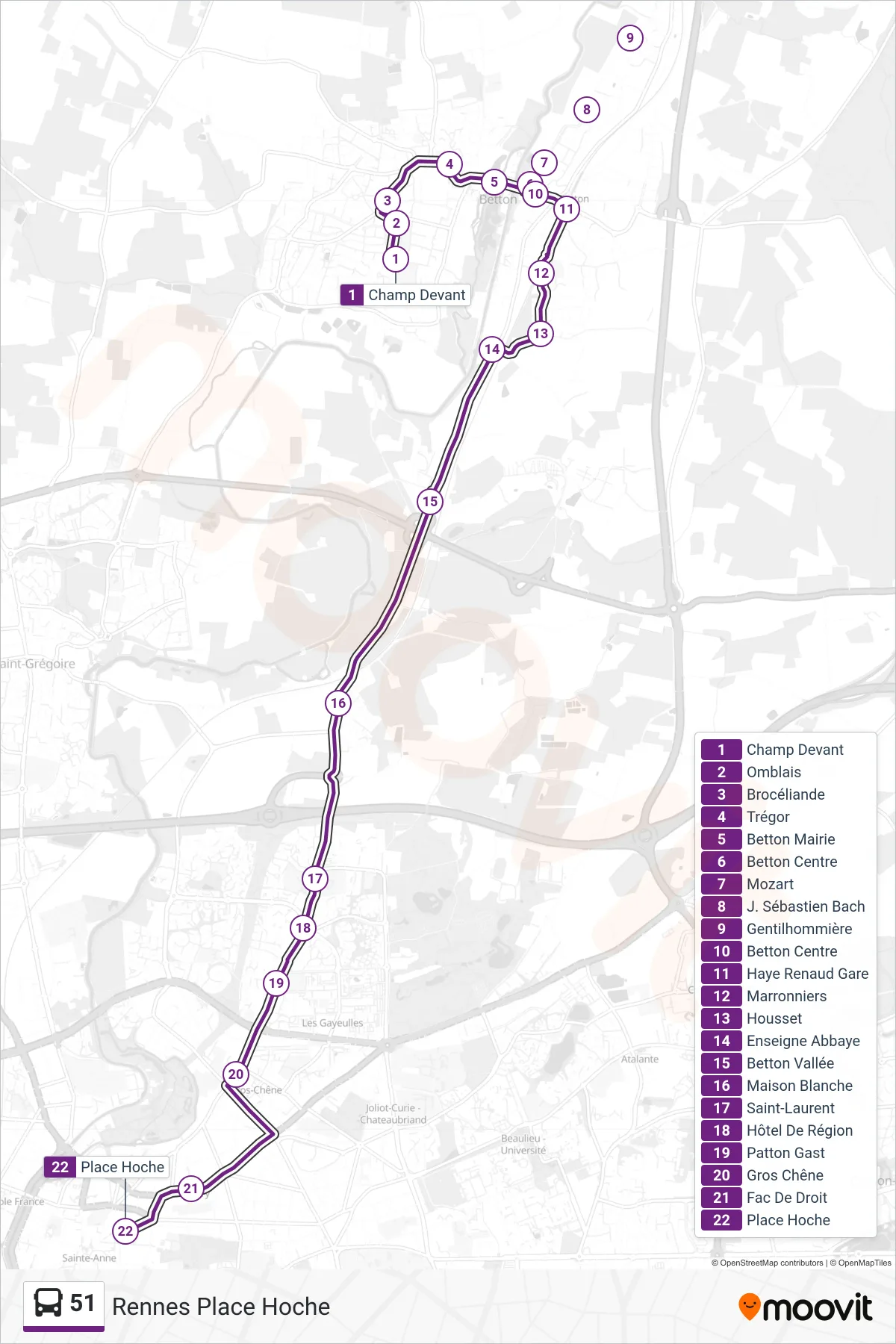 Tracé et arrêts de la ligne 51 de bus (Rennes Place Hoche) sur une carte