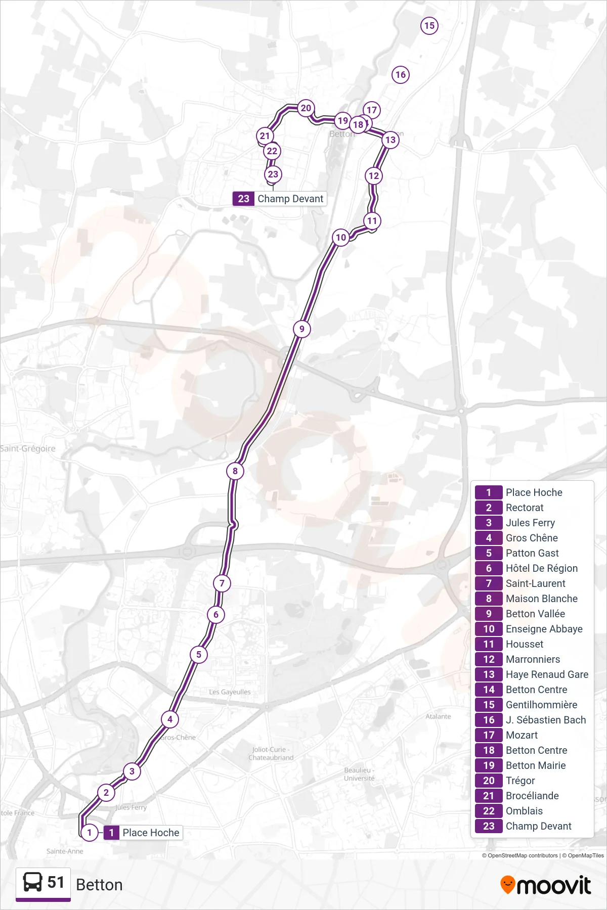 Tracé et arrêts de la ligne 51 de bus (Betton) sur une carte