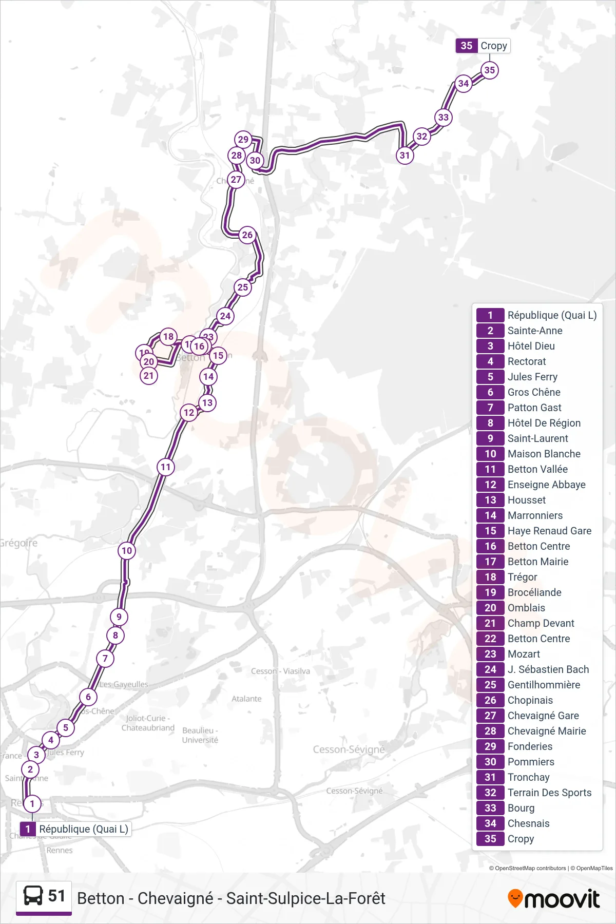 51 bus Line (Betton - Chevaigné - Saint-Sulpice-La-Forêt) route and stops on a map