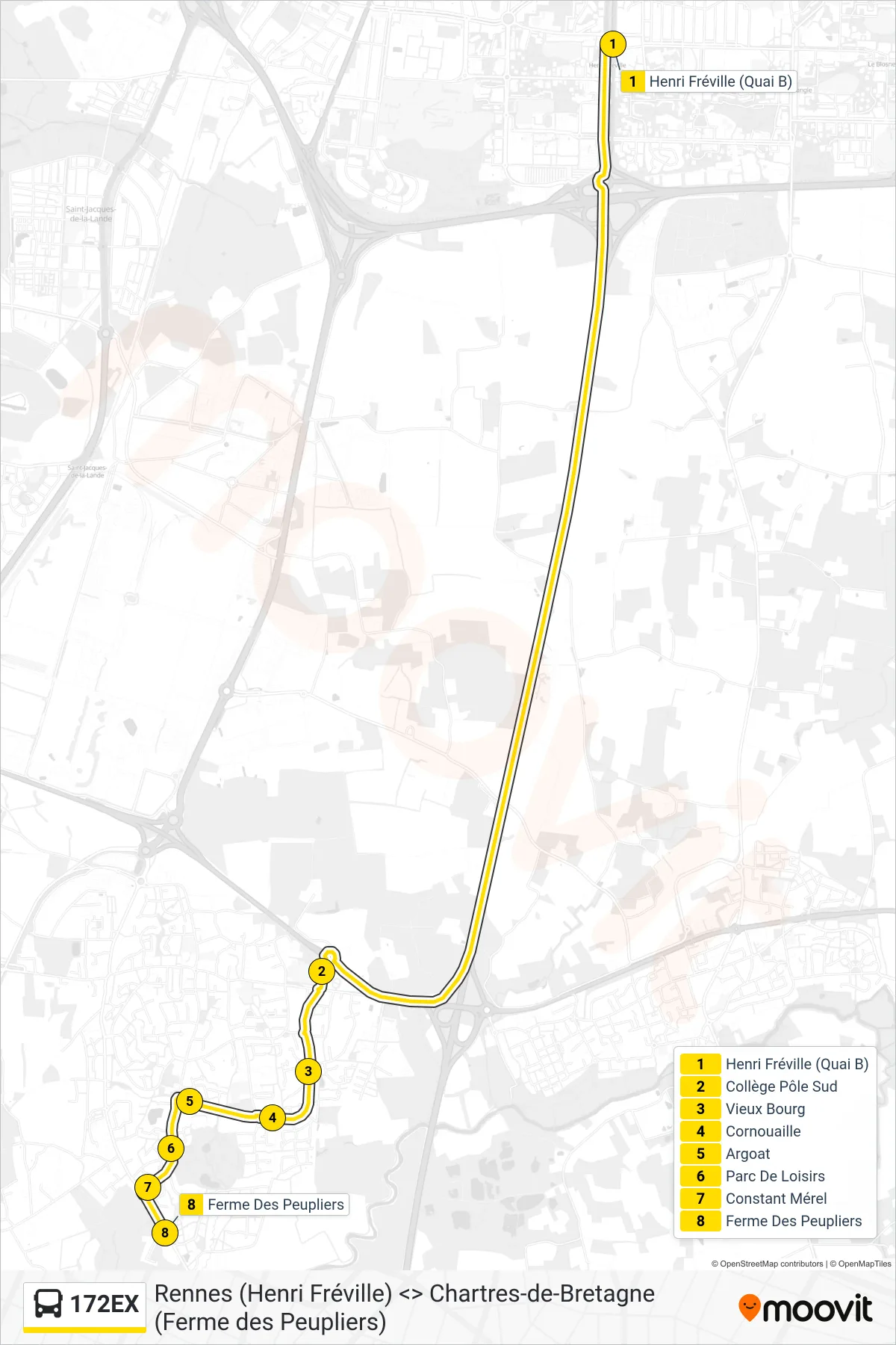 Tracé et arrêts de la ligne 172EX de bus (Chartres-De-Bretagne) sur une carte