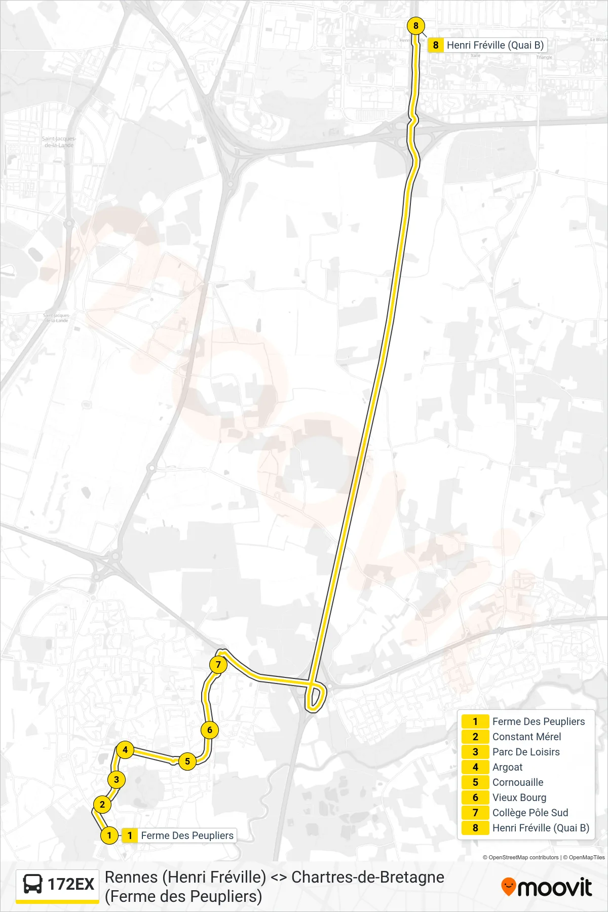 Tracé et arrêts de la ligne 172EX de bus (Rennes Henri Fréville) sur une carte