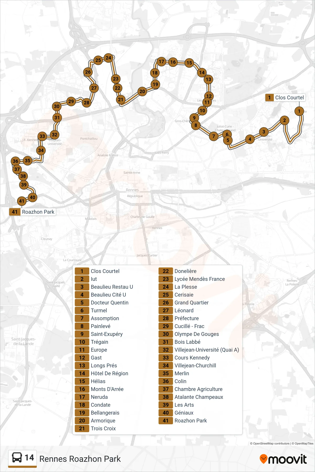 14 bus Line (Rennes Roazhon Park) route and stops on a map