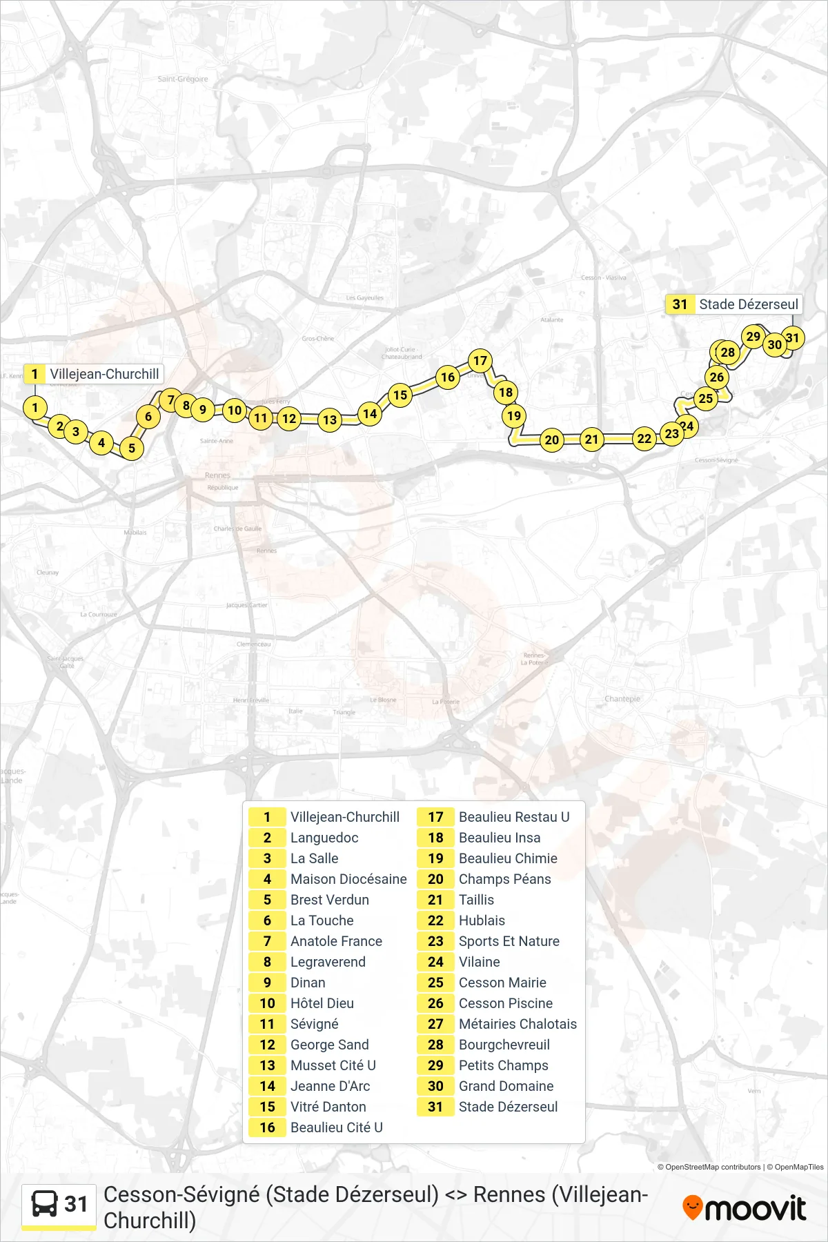Tracé et arrêts de la ligne 31 de bus (Cesson-Sévigné Stade Dézerseul) sur une carte