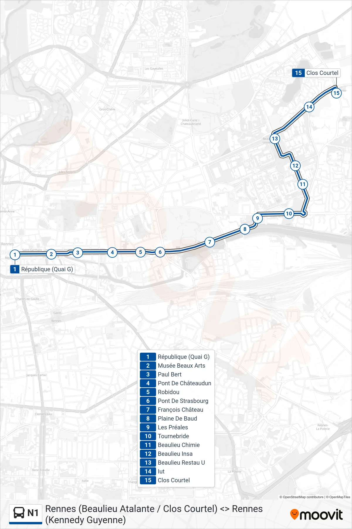 N1 bus Line (Beaulieu Atalante) route and stops on a map