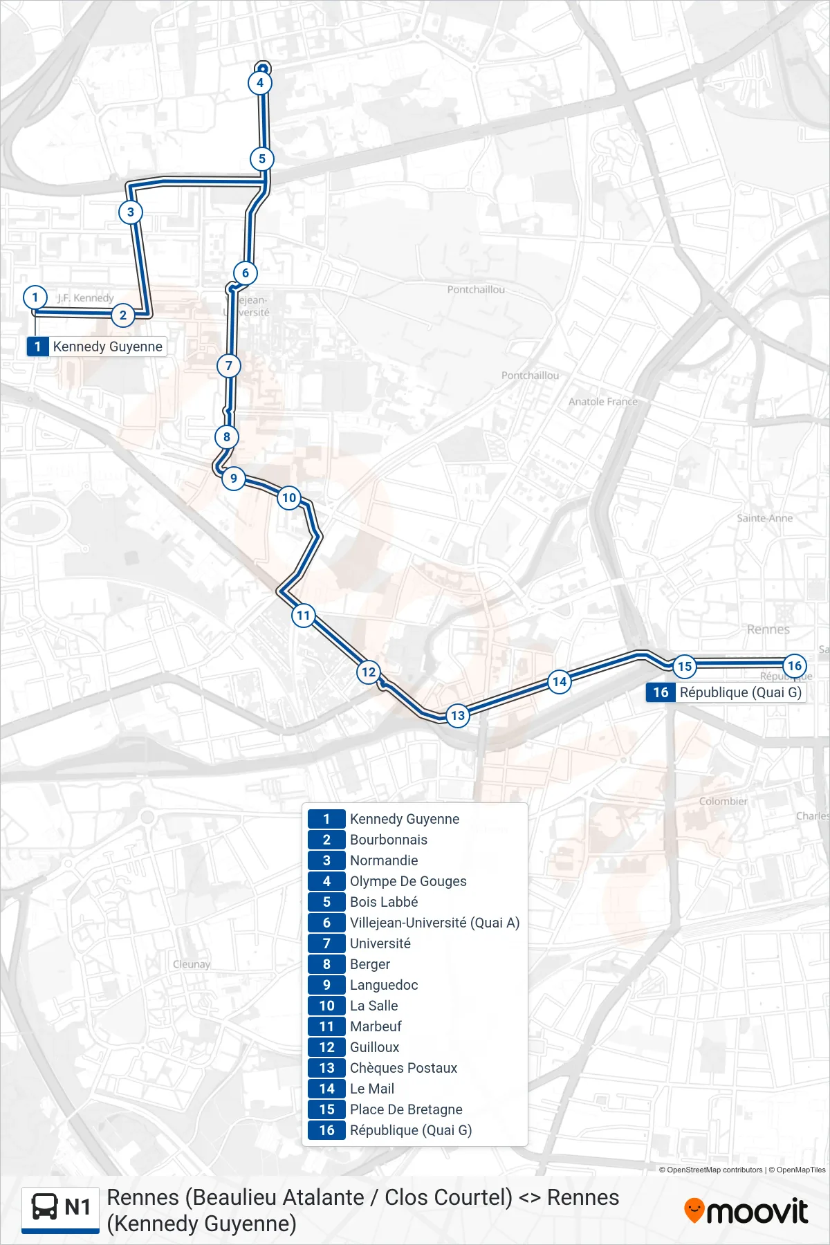 N1 bus Line (Rennes République) route and stops on a map