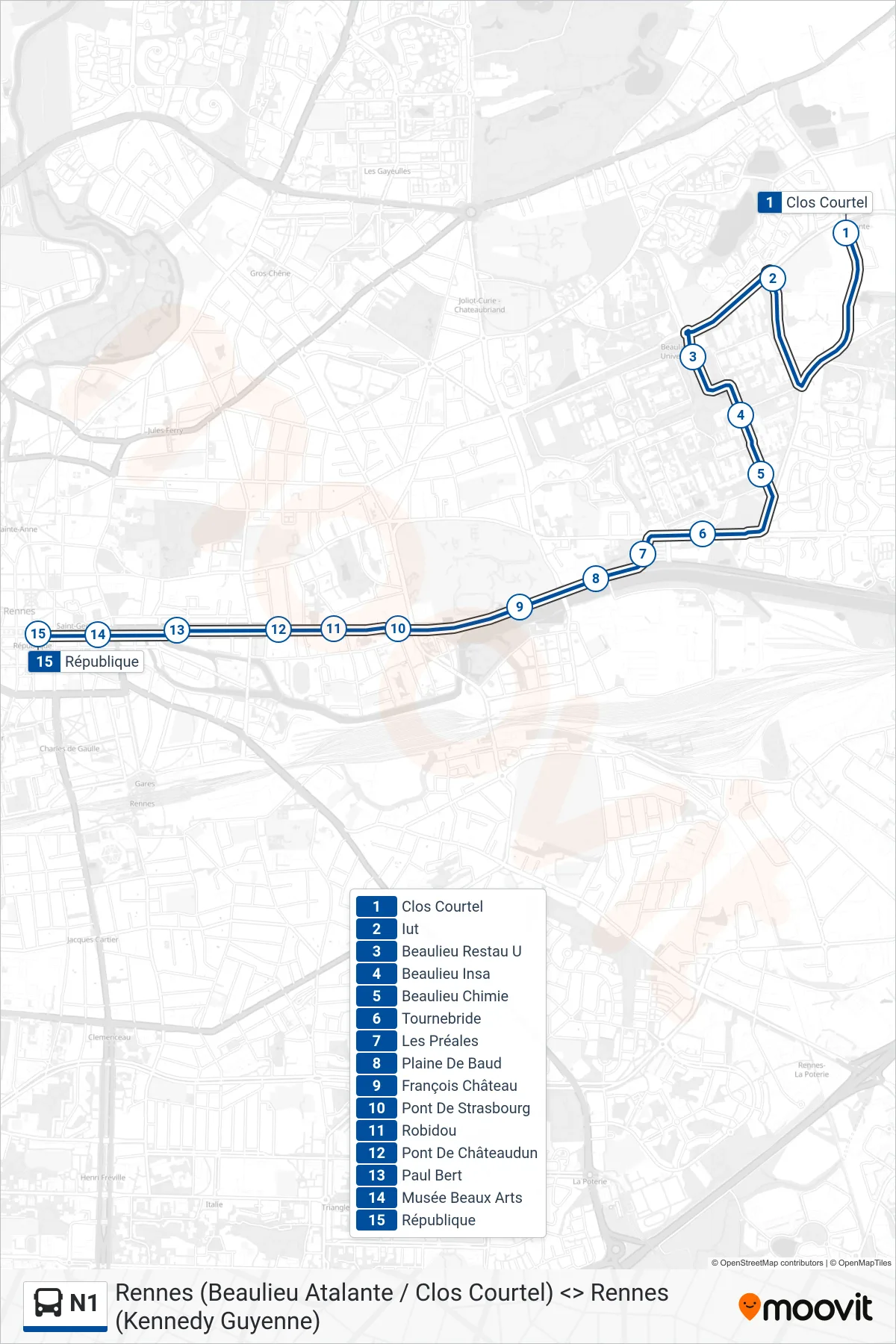 Tracé et arrêts de la ligne N1 de bus (Rennes République) sur une carte