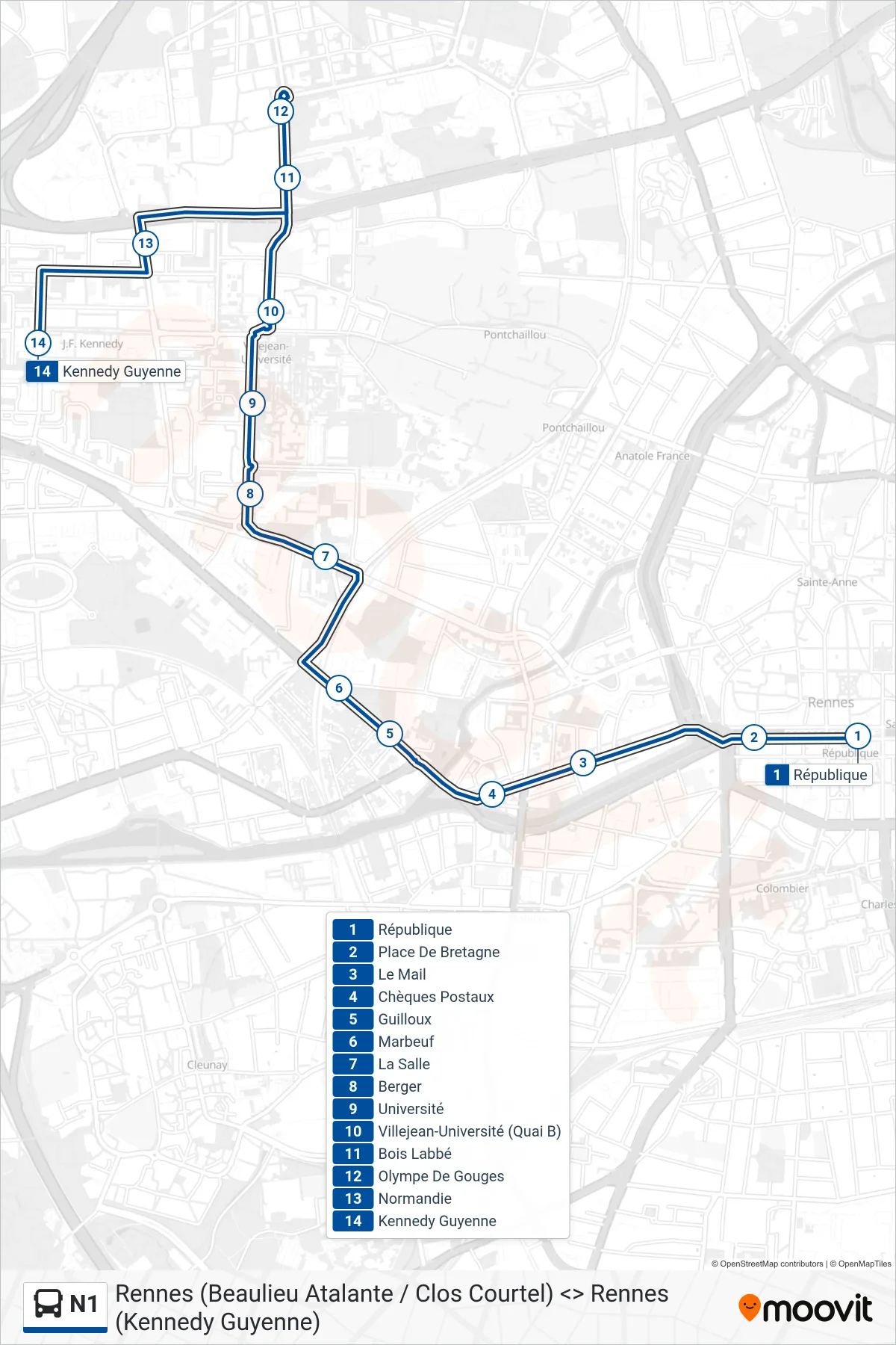 Tracé et arrêts de la ligne N1 de bus (Rennes Villejean) sur une carte