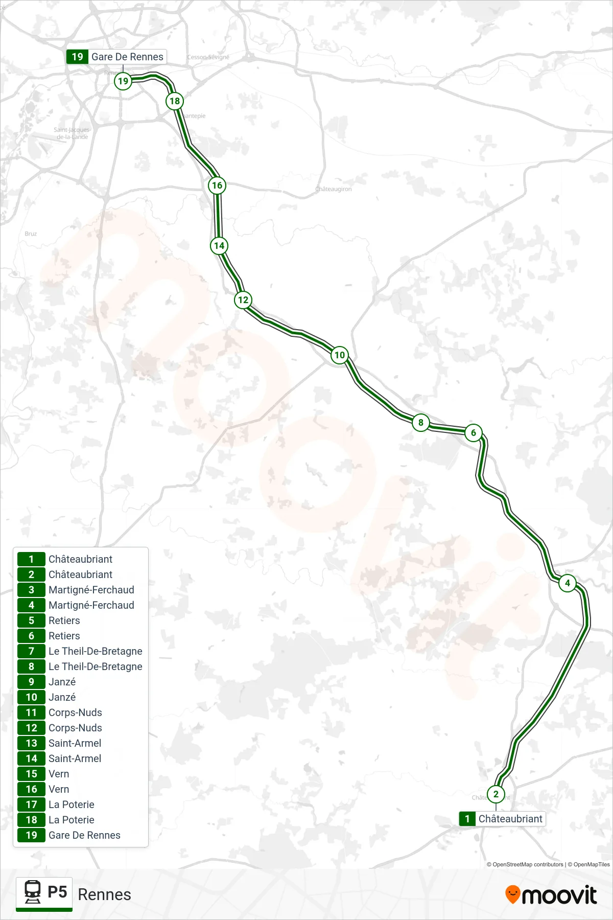 Tracé et arrêts de la ligne P5 de train (Rennes) sur une carte