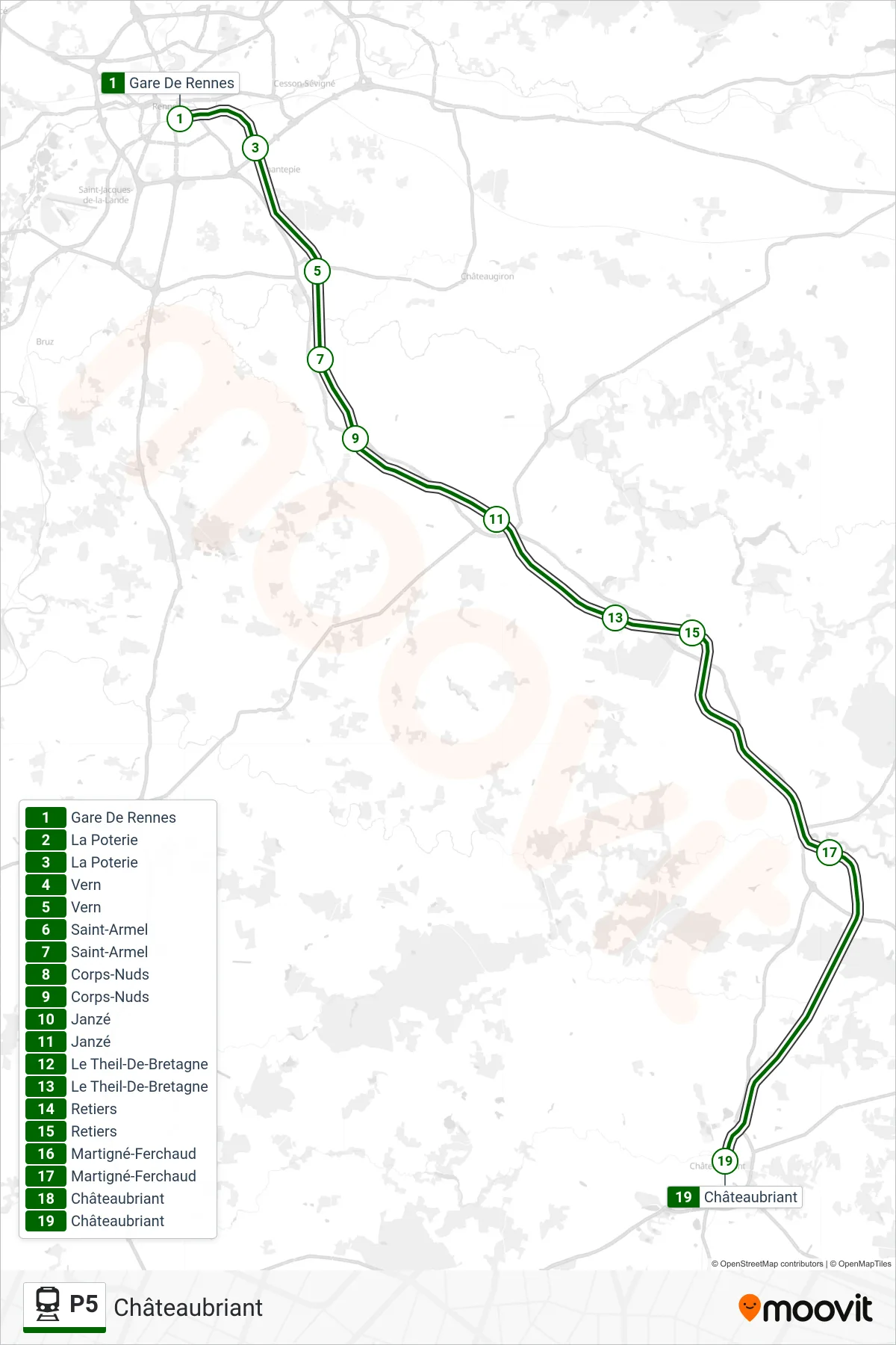 Tracé et arrêts de la ligne P5 de train (Châteaubriant) sur une carte