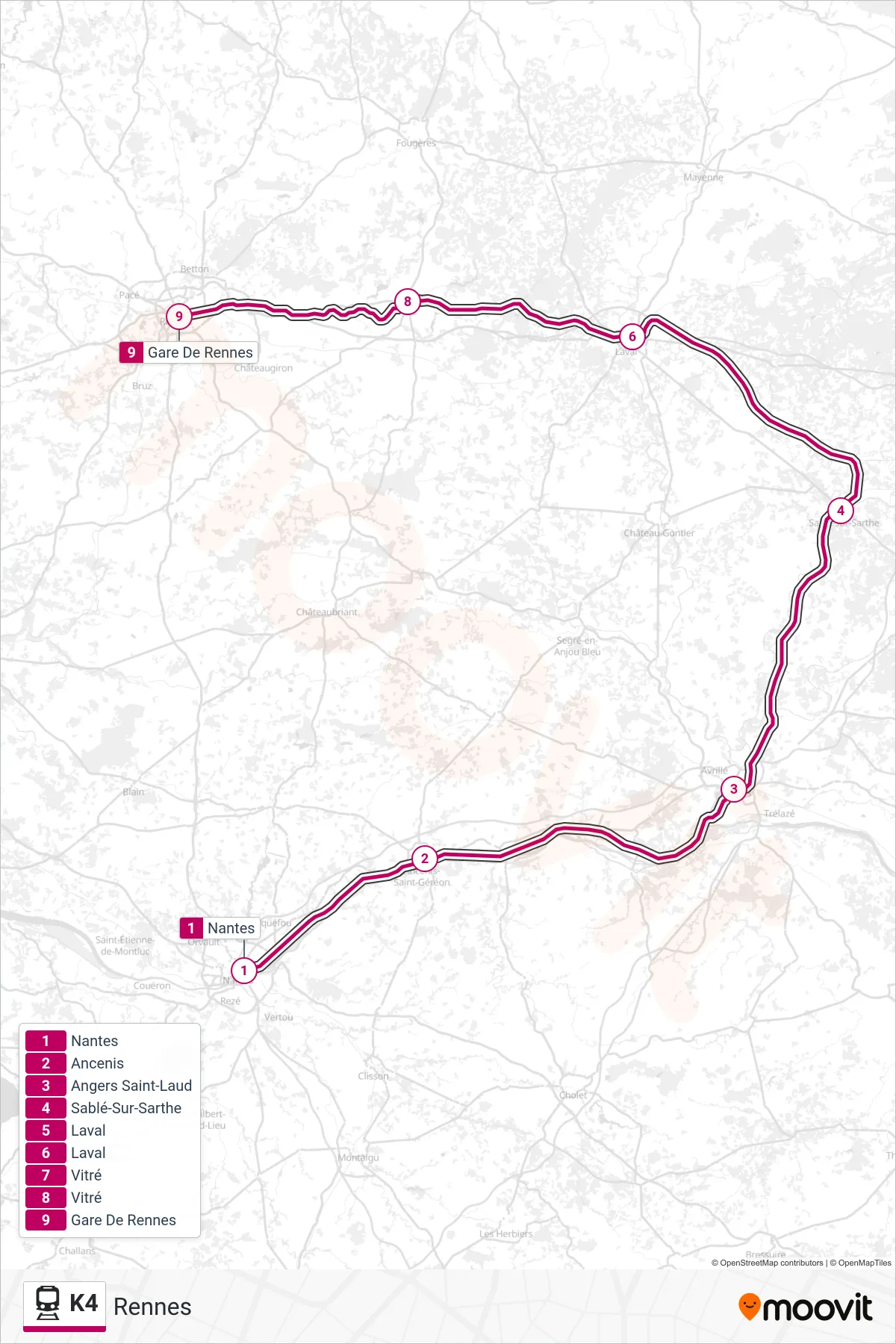 Tracé et arrêts de la ligne K4 de train (Rennes) sur une carte