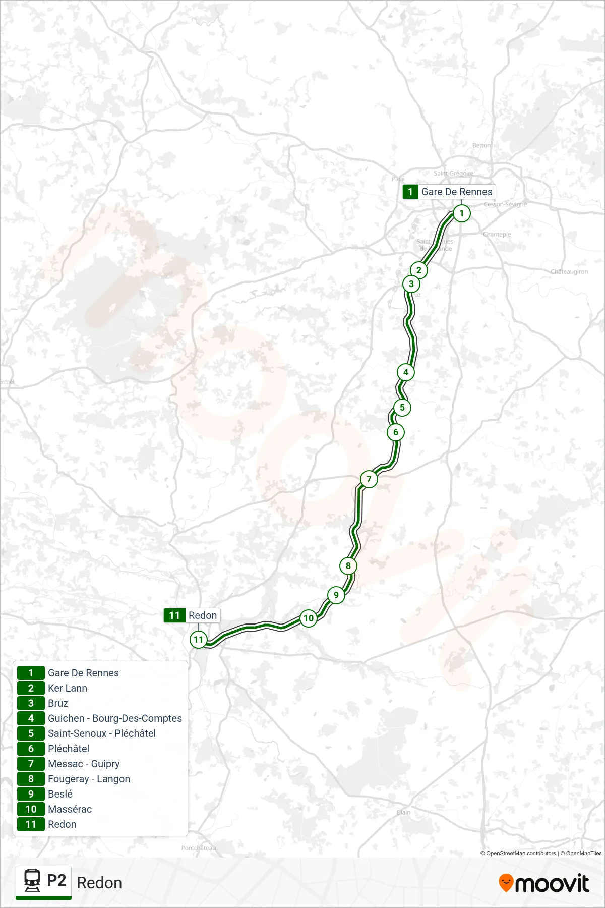 Tracé et arrêts de la ligne P2 de train (Redon) sur une carte