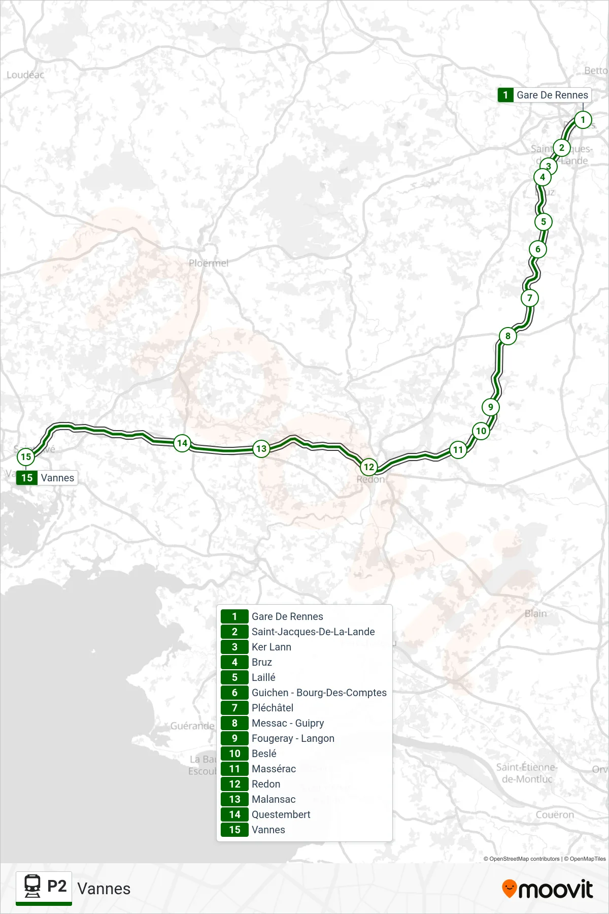 Tracé et arrêts de la ligne P2 de train (Vannes) sur une carte