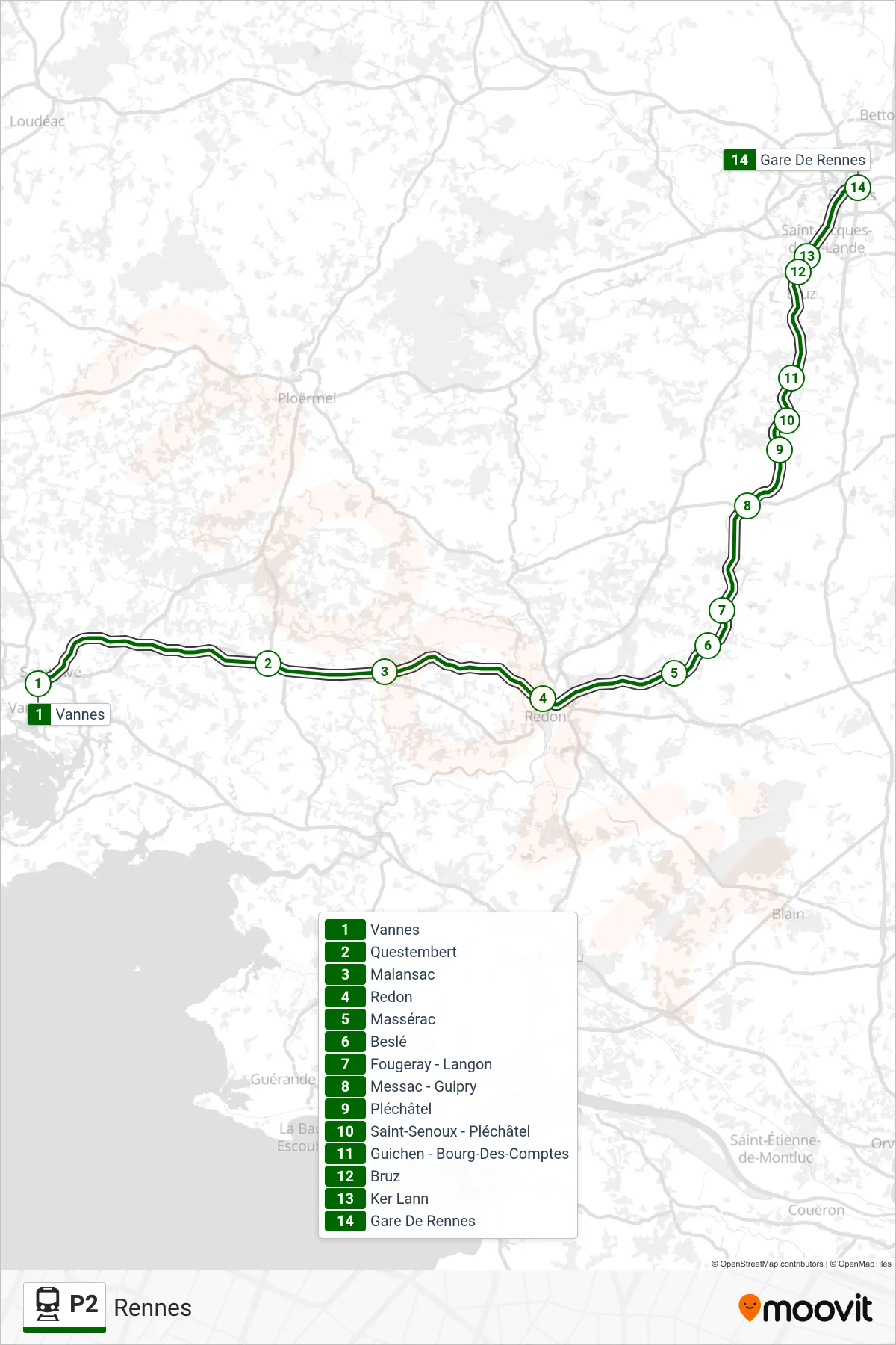 P2 train Line (Rennes) route and stops on a map