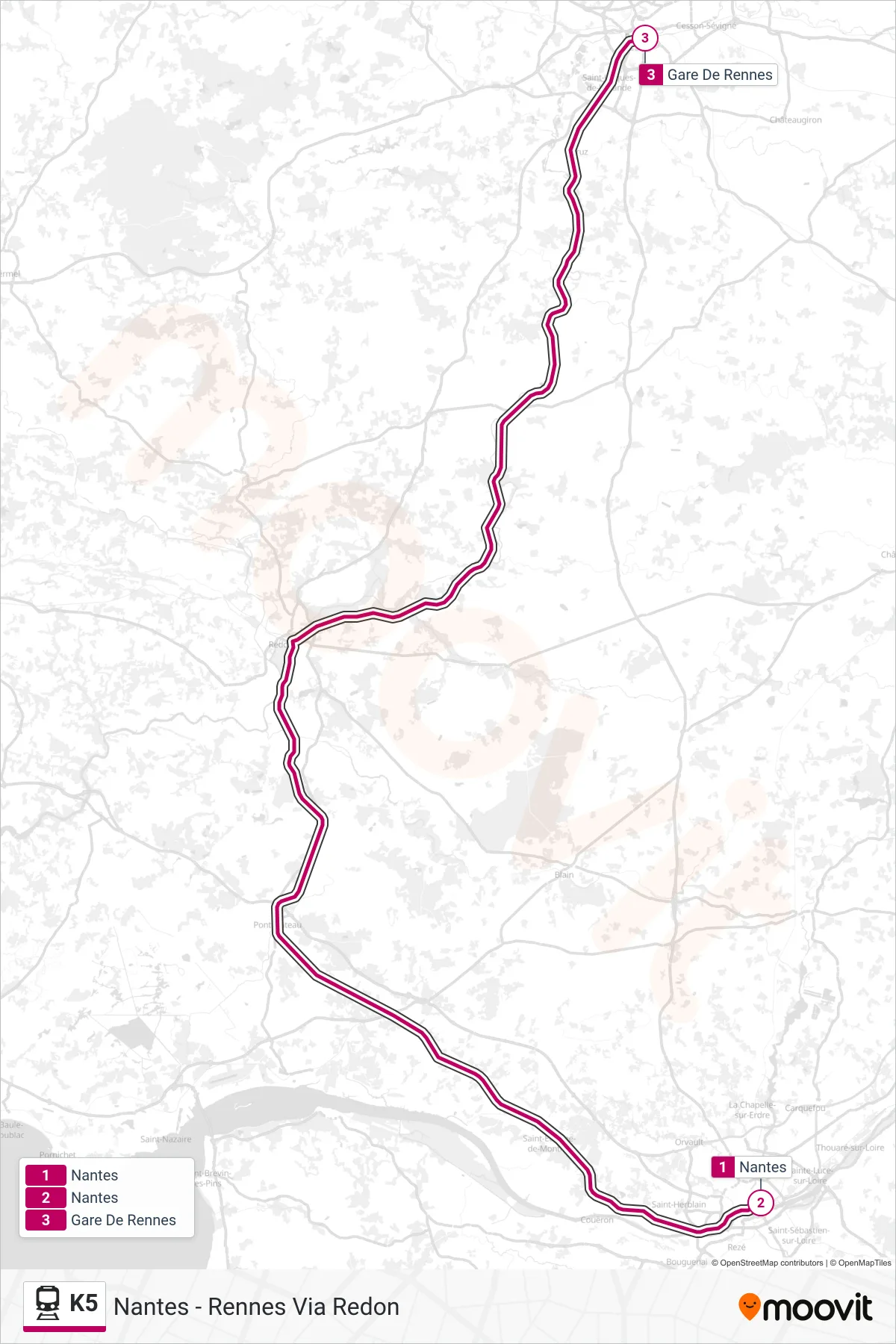 Tracé et arrêts de la ligne K5 de train (Rennes) sur une carte