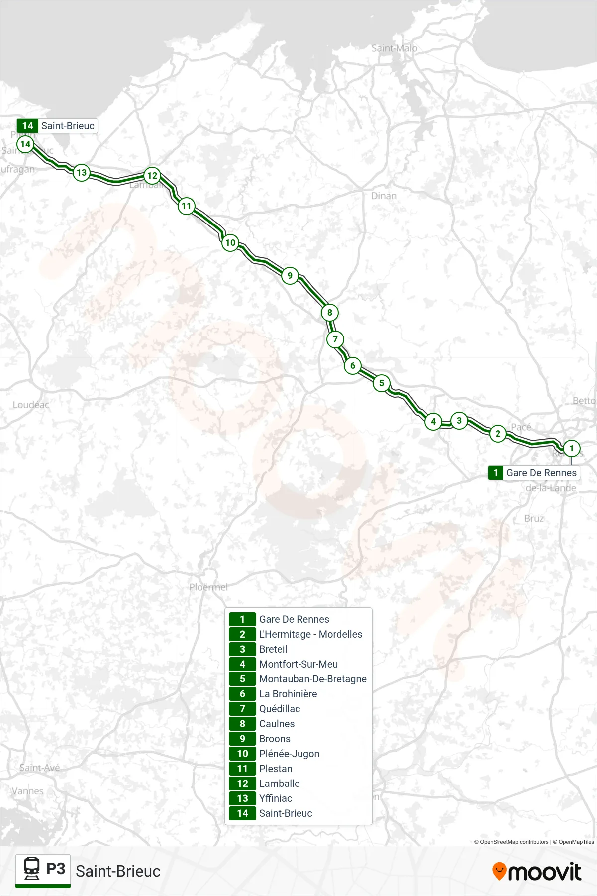Tracé et arrêts de la ligne P3 de train (Saint-Brieuc) sur une carte