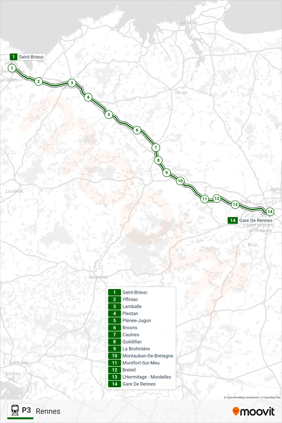Tracé et arrêts de la ligne P3 de train (Rennes) sur une carte