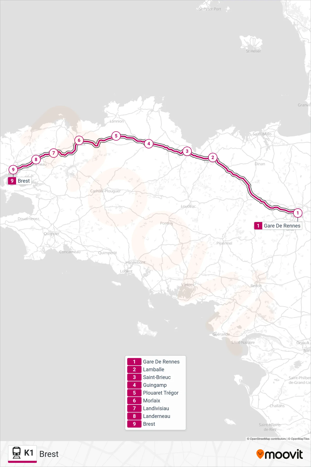 Tracé et arrêts de la ligne K1 de train (Brest) sur une carte
