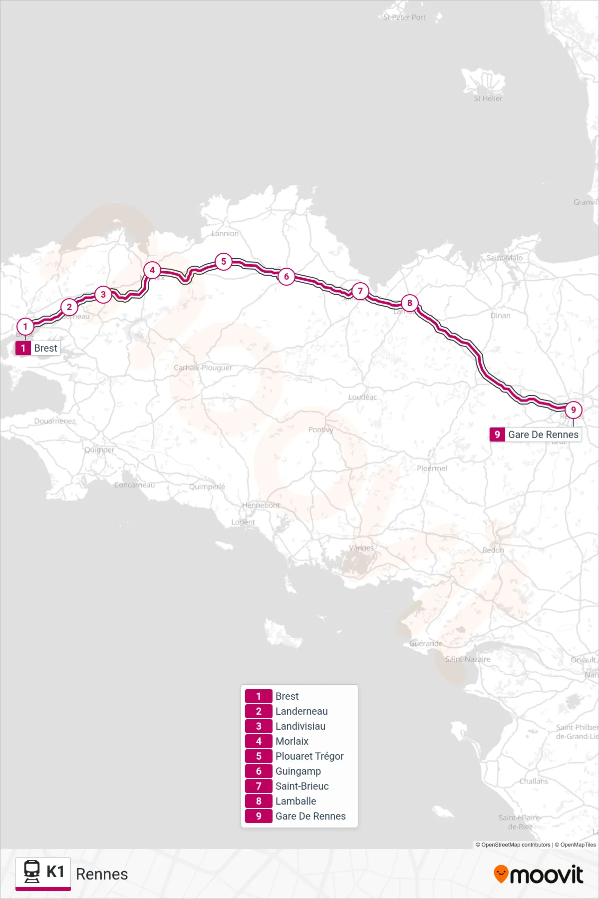 Tracé et arrêts de la ligne K1 de train (Rennes) sur une carte