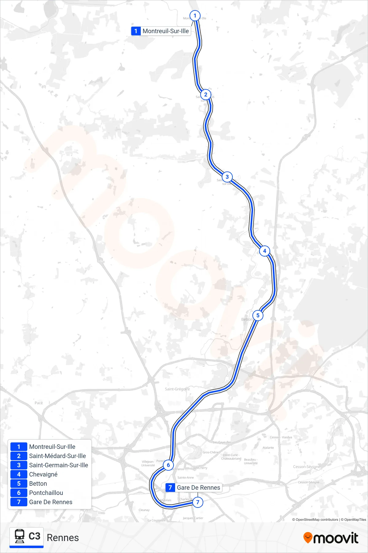 Tracé et arrêts de la ligne C3 de train (Rennes) sur une carte