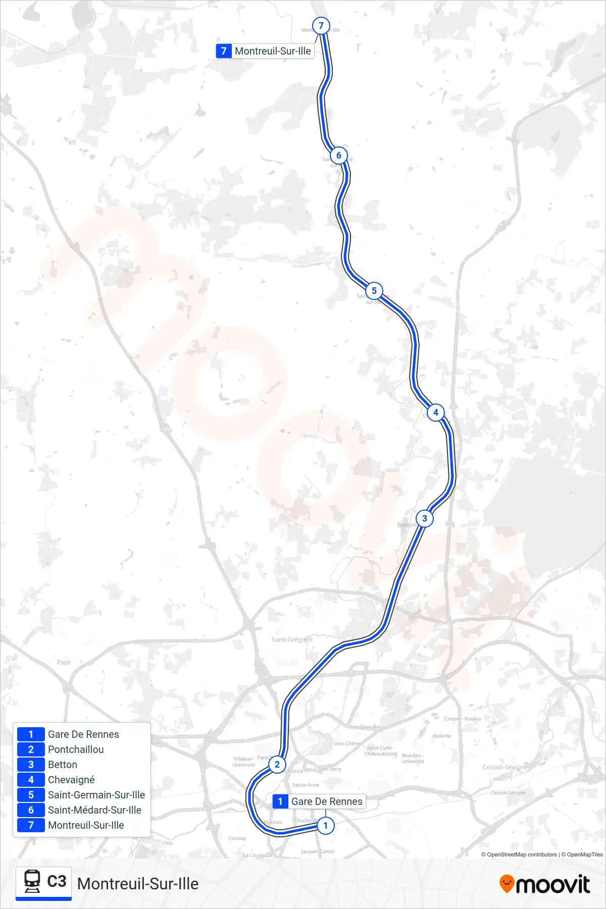 C3 rail Line (Montreuil-Sur-Ille) route and stops on a map