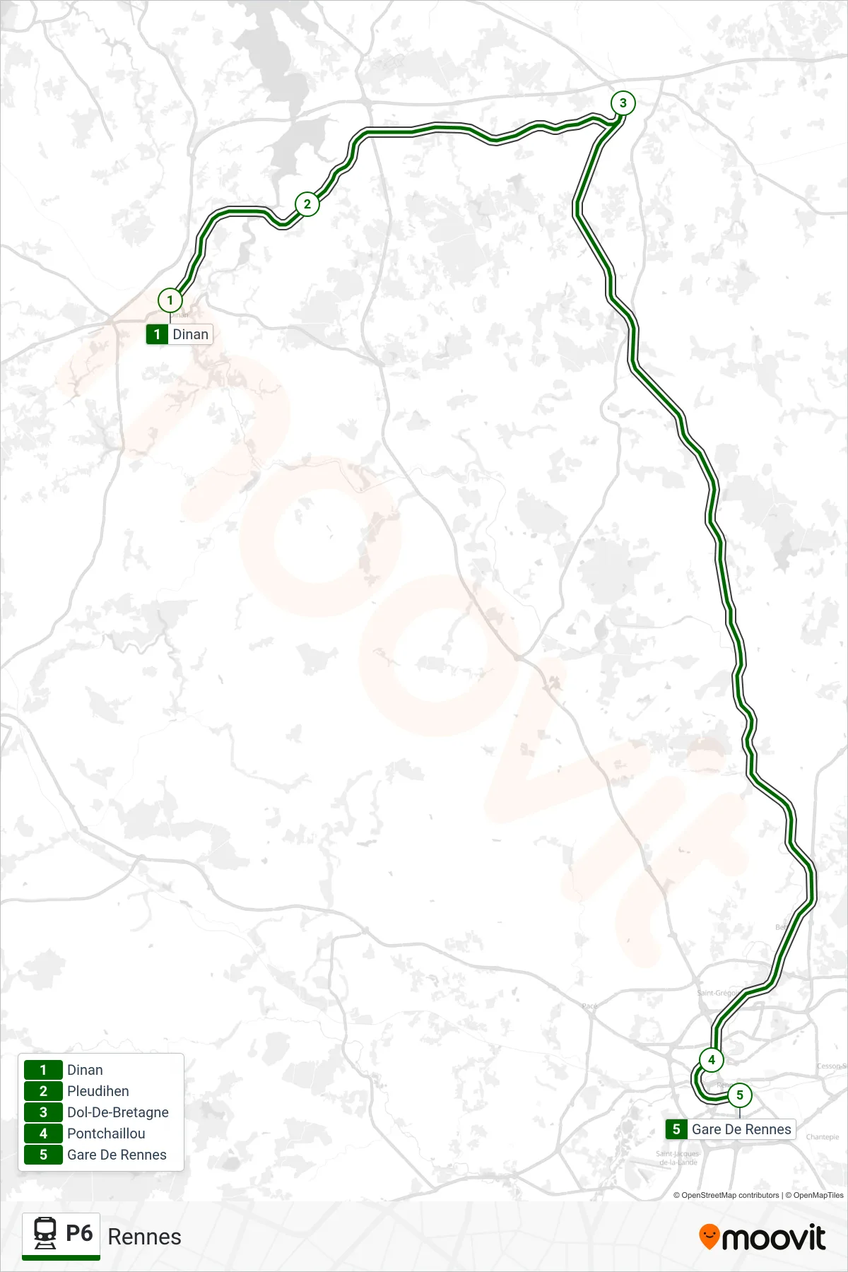 Tracé et arrêts de la ligne P6 de train (Rennes) sur une carte
