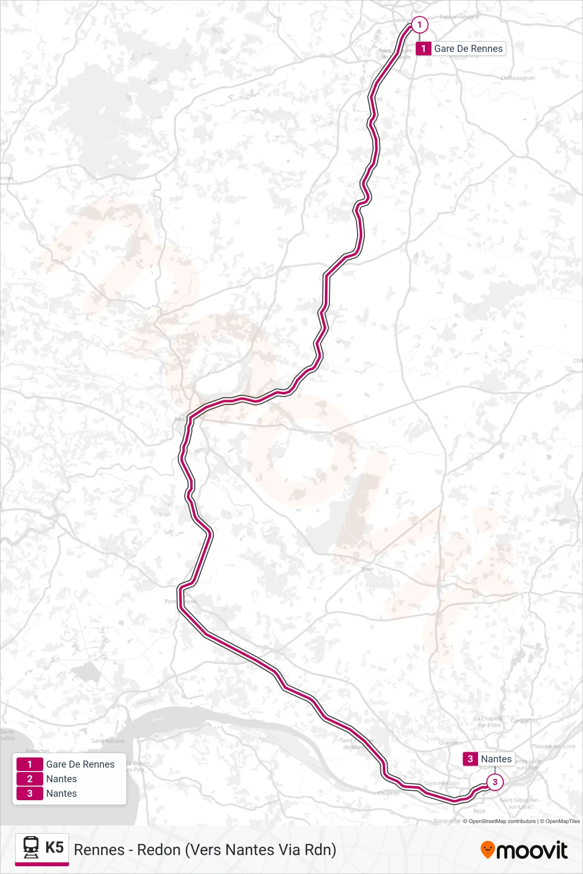 Tracé et arrêts de la ligne K5 de train (Nantes) sur une carte