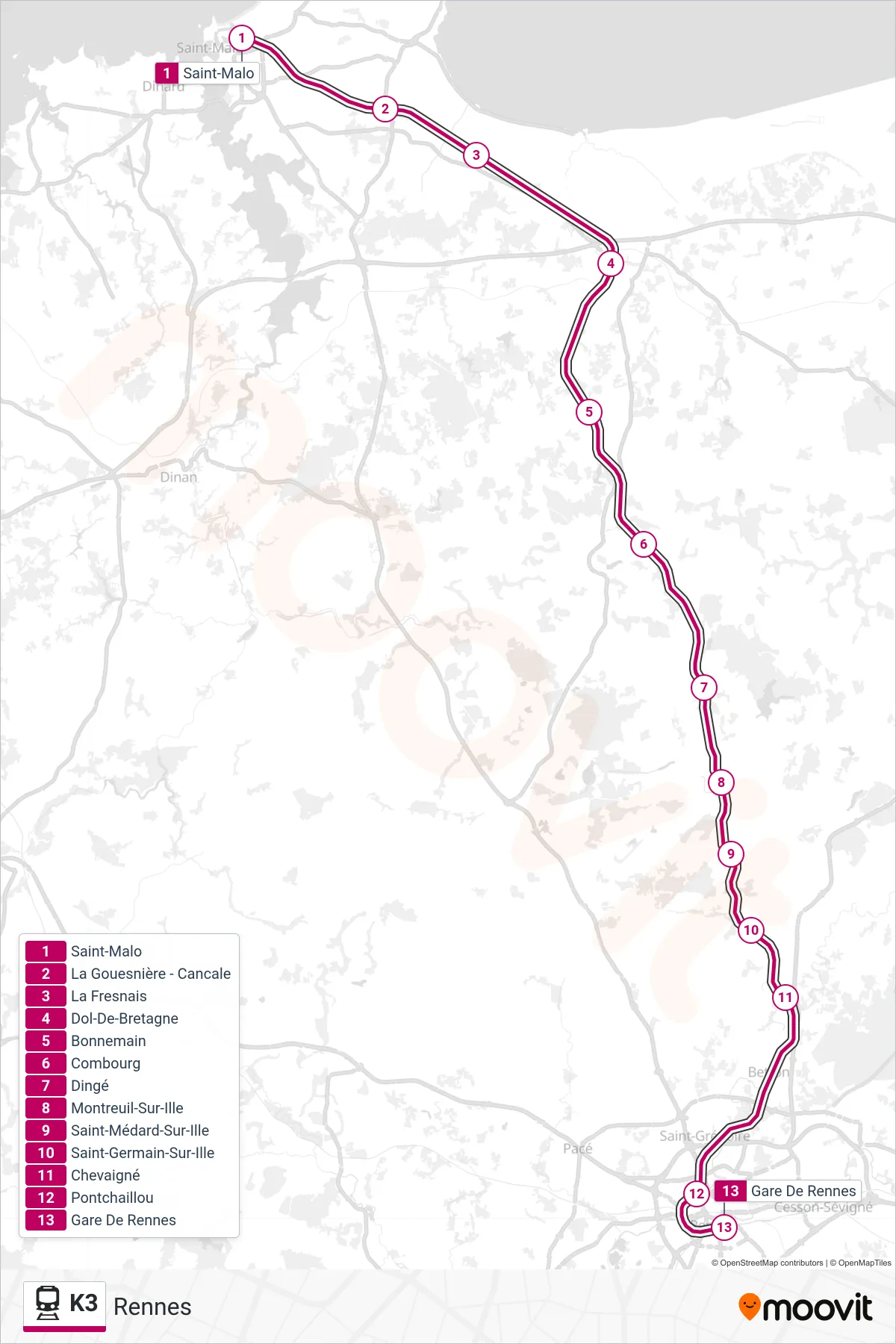 K3 rail Line (Rennes) route and stops on a map