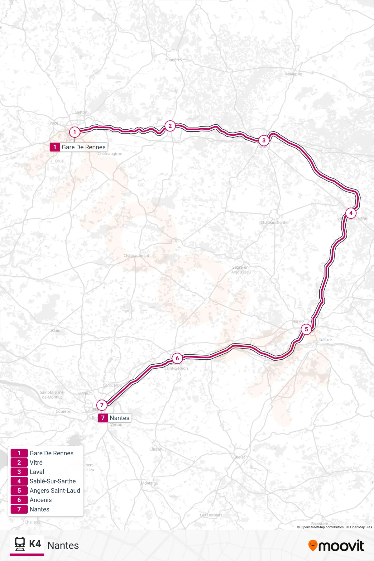 Recorrido y paradas de la línea K4 de tren (Nantes) en el mapa