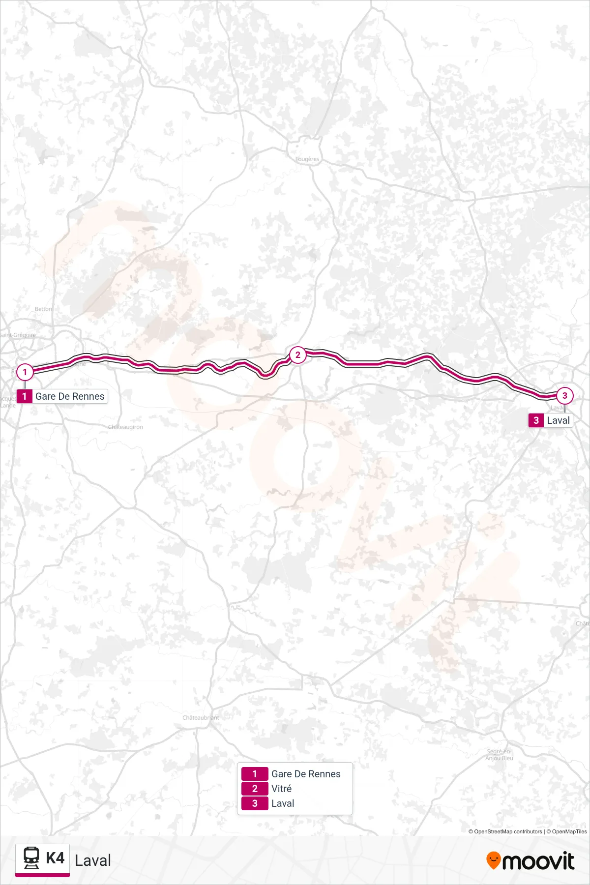 Tracé et arrêts de la ligne K4 de train (Laval) sur une carte