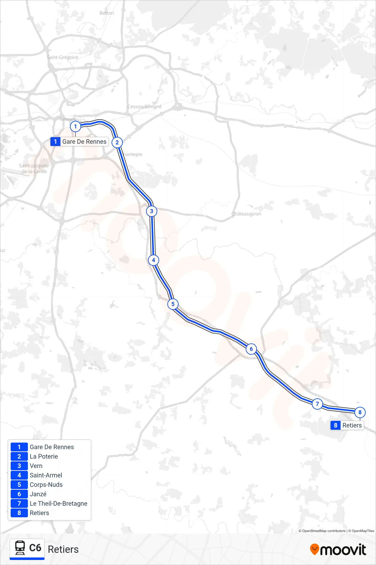 C6 rail Line (Retiers) route and stops on a map