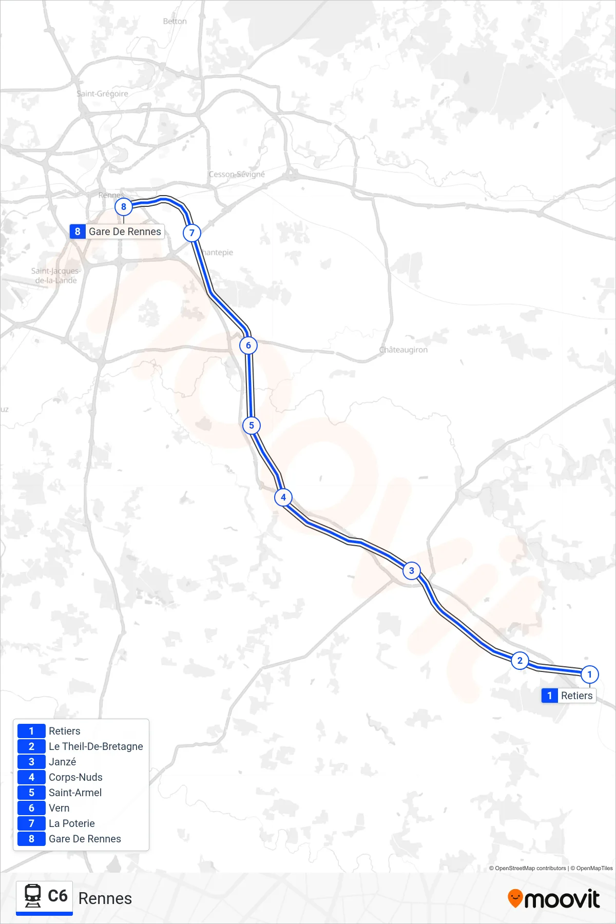 Tracé et arrêts de la ligne C6 de train (Rennes) sur une carte