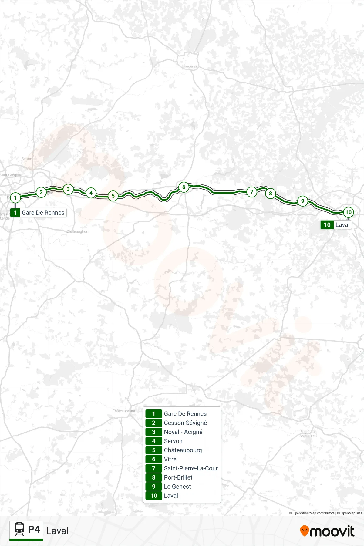 Tracé et arrêts de la ligne P4 de train (Laval) sur une carte
