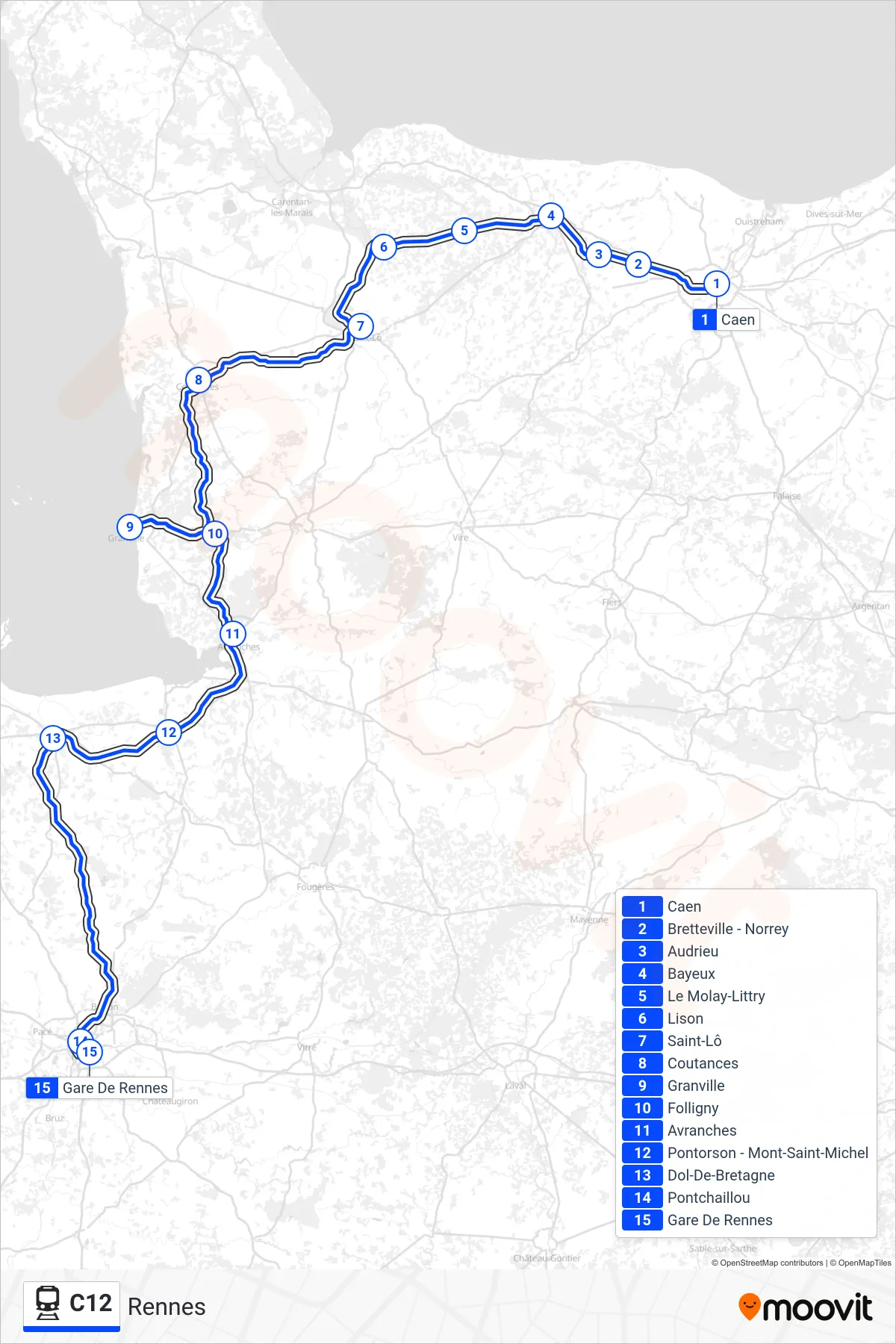 Tracé et arrêts de la ligne C12 de train (Rennes) sur une carte