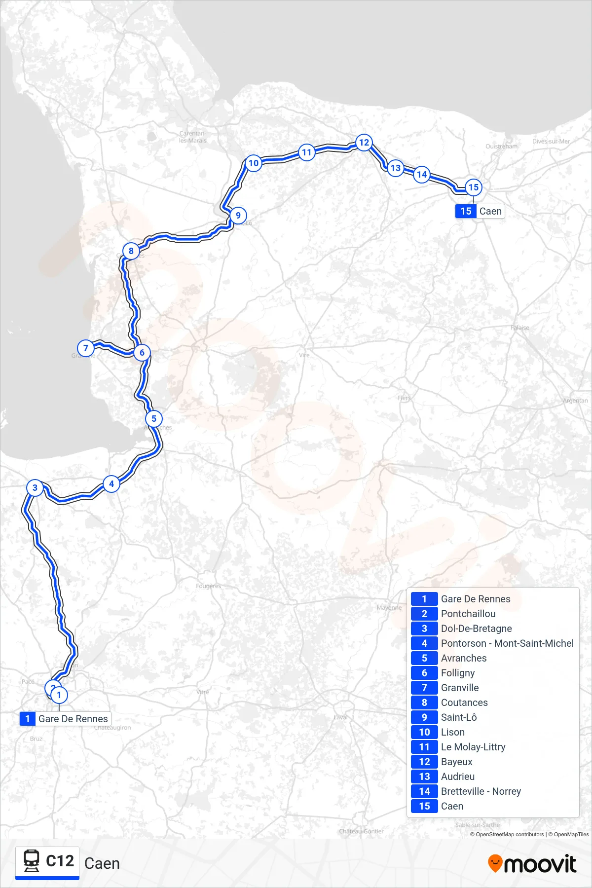 C12 rail Line (Caen) route and stops on a map
