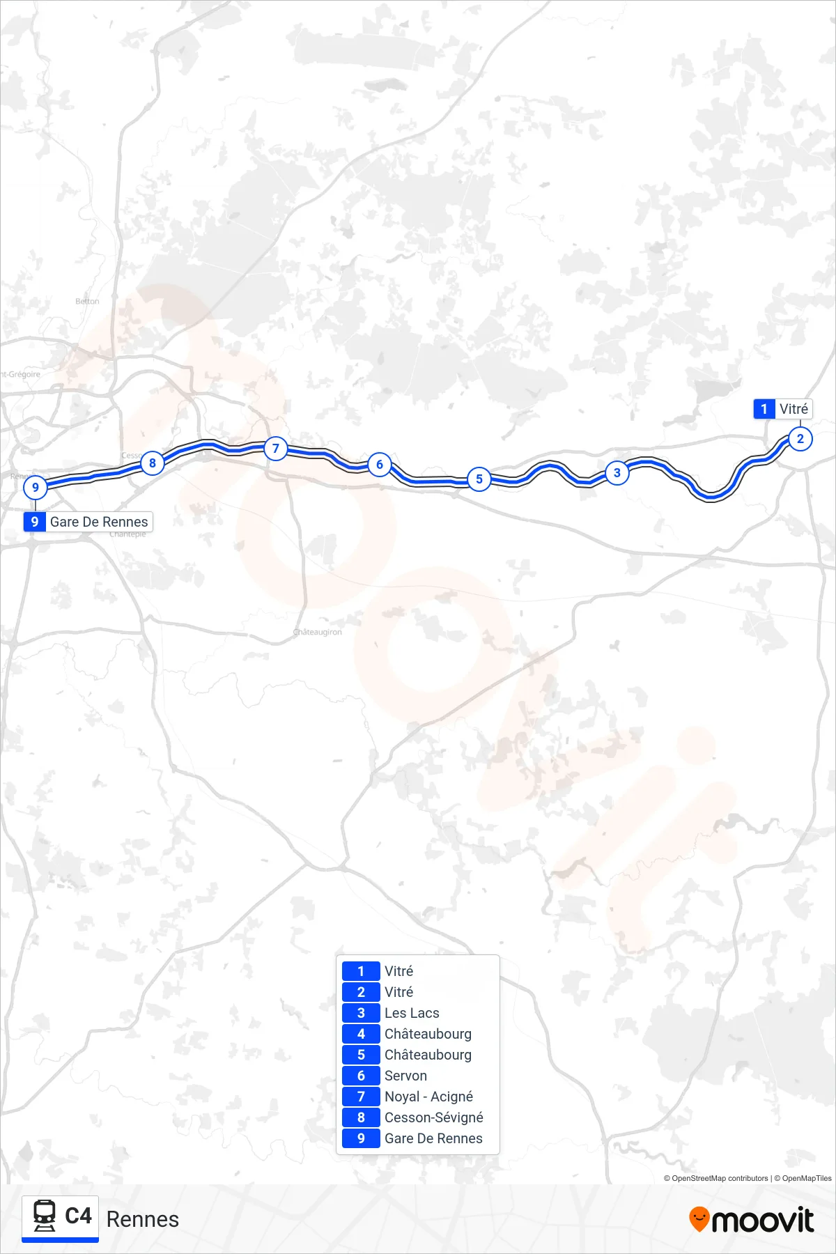 Tracé et arrêts de la ligne C4 de train (Rennes) sur une carte