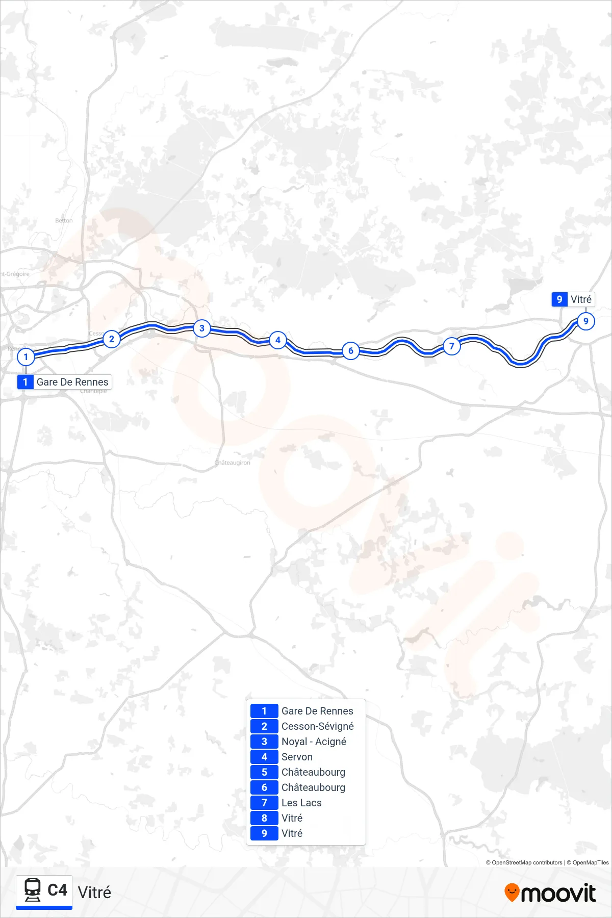 Tracé et arrêts de la ligne C4 de train (Vitré) sur une carte