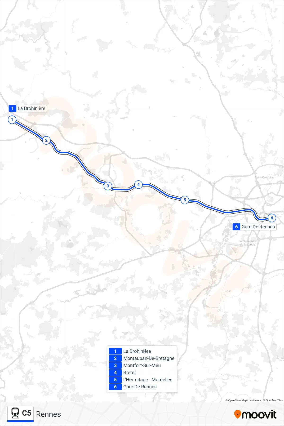 Tracé et arrêts de la ligne C5 de train (Rennes) sur une carte