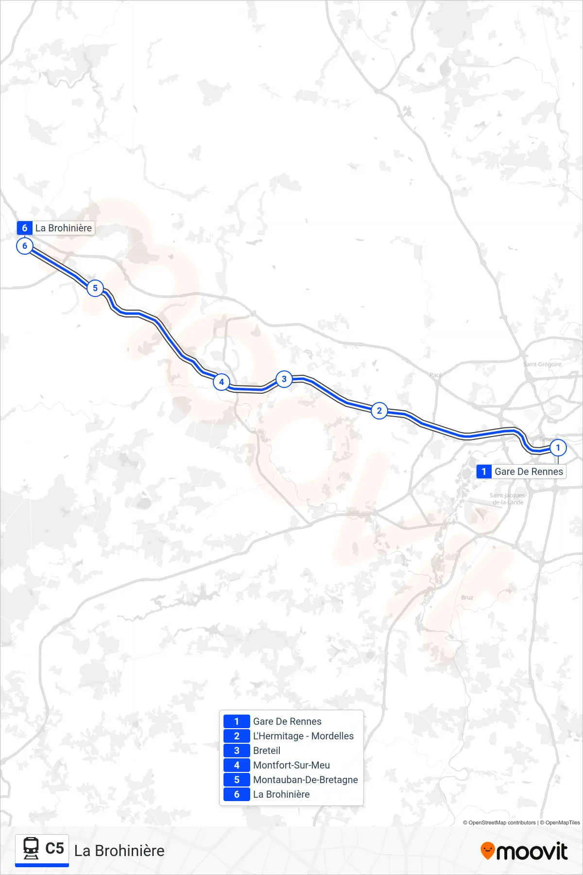 Tracé et arrêts de la ligne C5 de train (La Brohinière) sur une carte