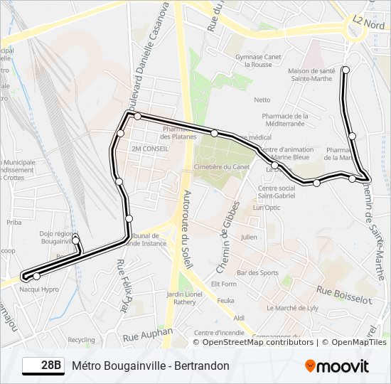 Plan de la ligne 28B de bus