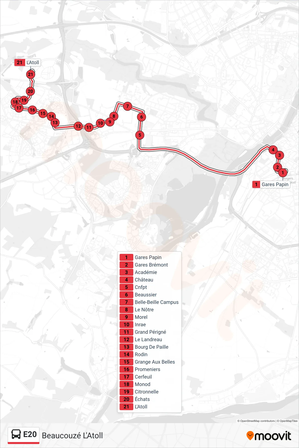 Tracé et arrêts de la ligne E20 de bus (Beaucouzé L'Atoll) sur une carte