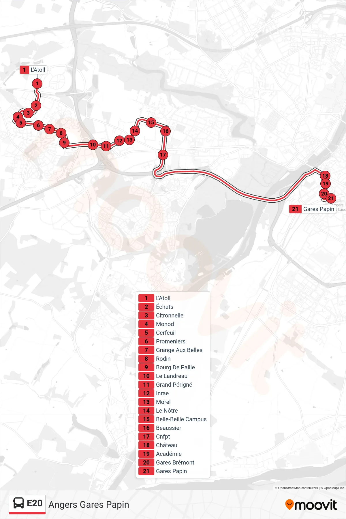 Tracé et arrêts de la ligne E20 de bus (Angers Gares Papin) sur une carte