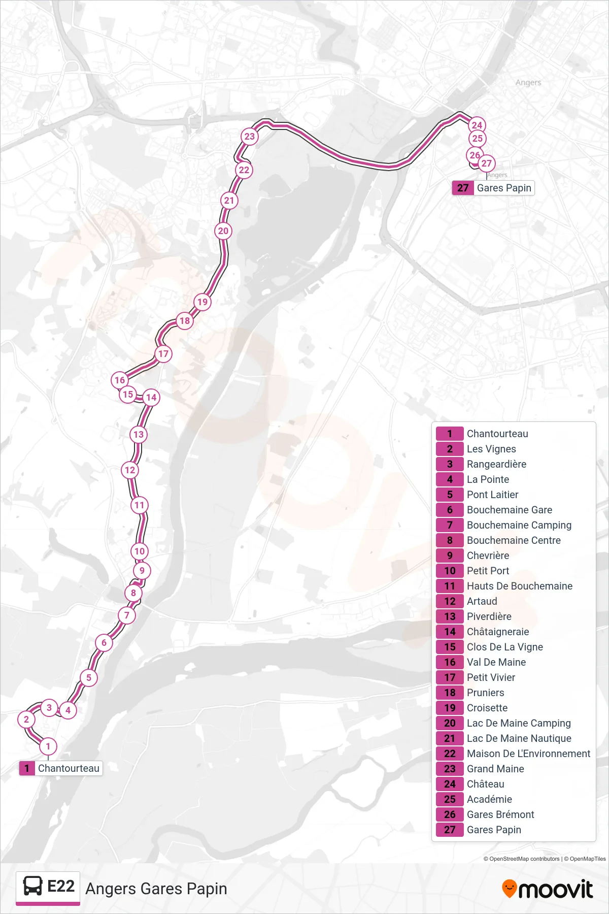 E22 bus Line (Angers Gares Papin) route and stops on a map
