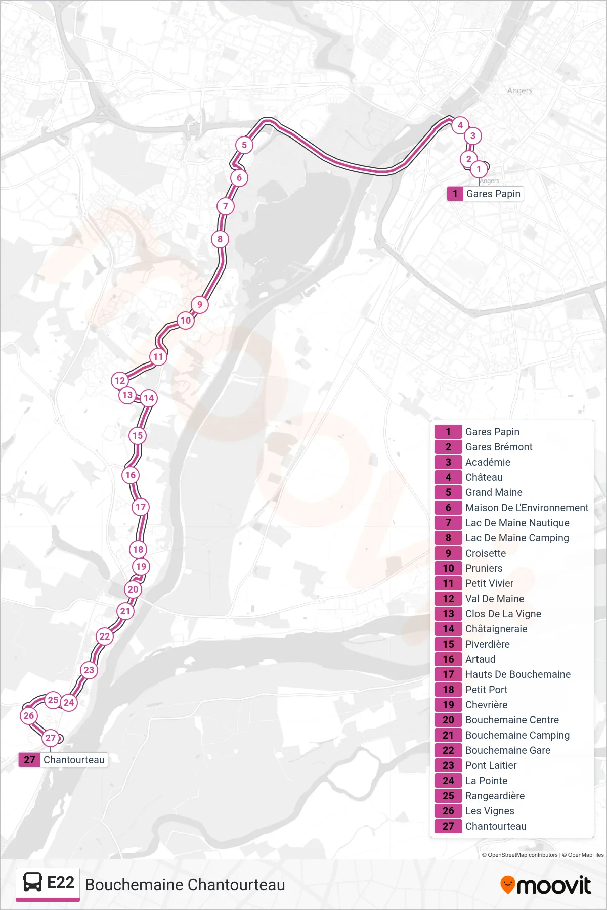 Tracé et arrêts de la ligne E22 de bus (Bouchemaine Chantourteau) sur une carte