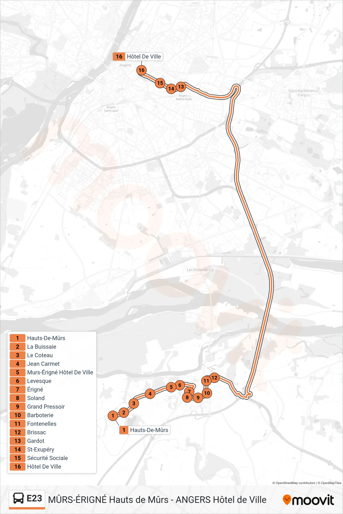 Tracé et arrêts de la ligne E23 de bus (Angers Hôtel De Ville) sur une carte