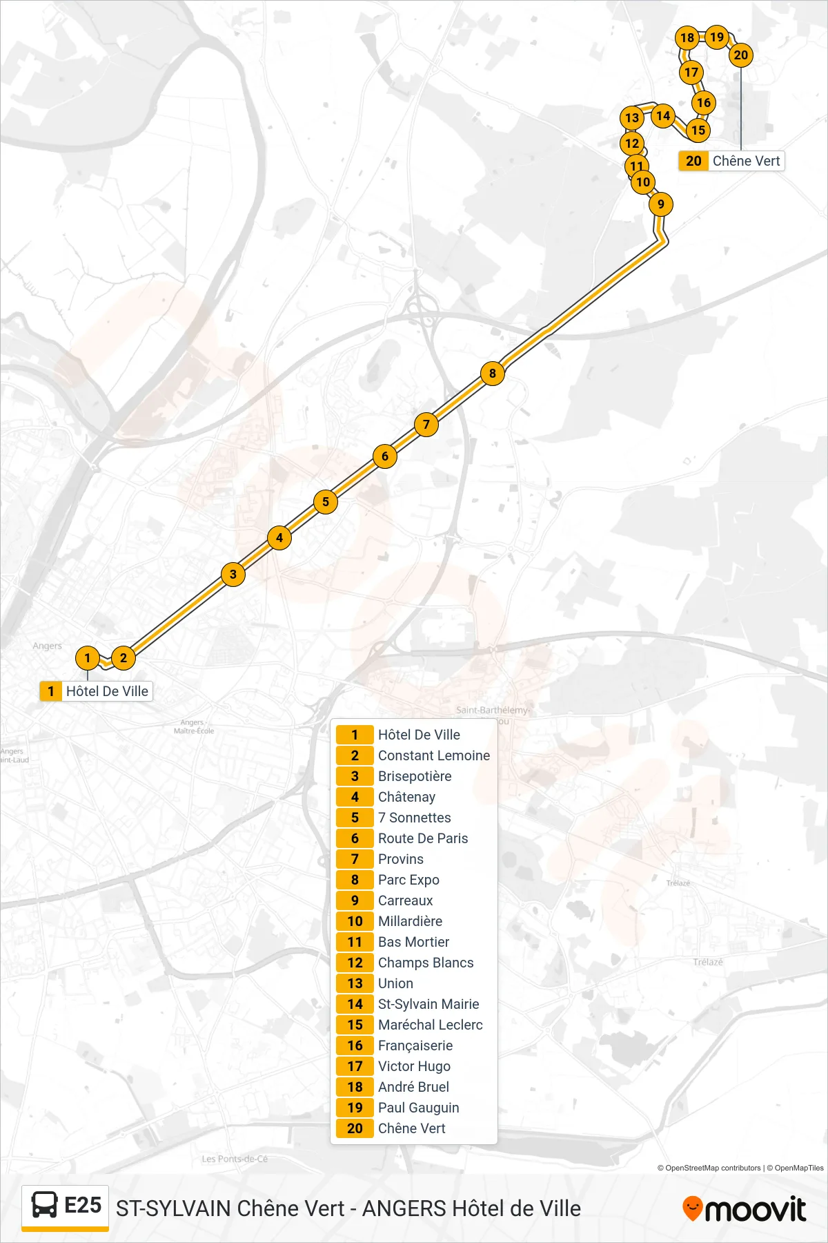 Recorrido y paradas de la línea E25 de autobús (St Sylvain Chêne Vert) en el mapa