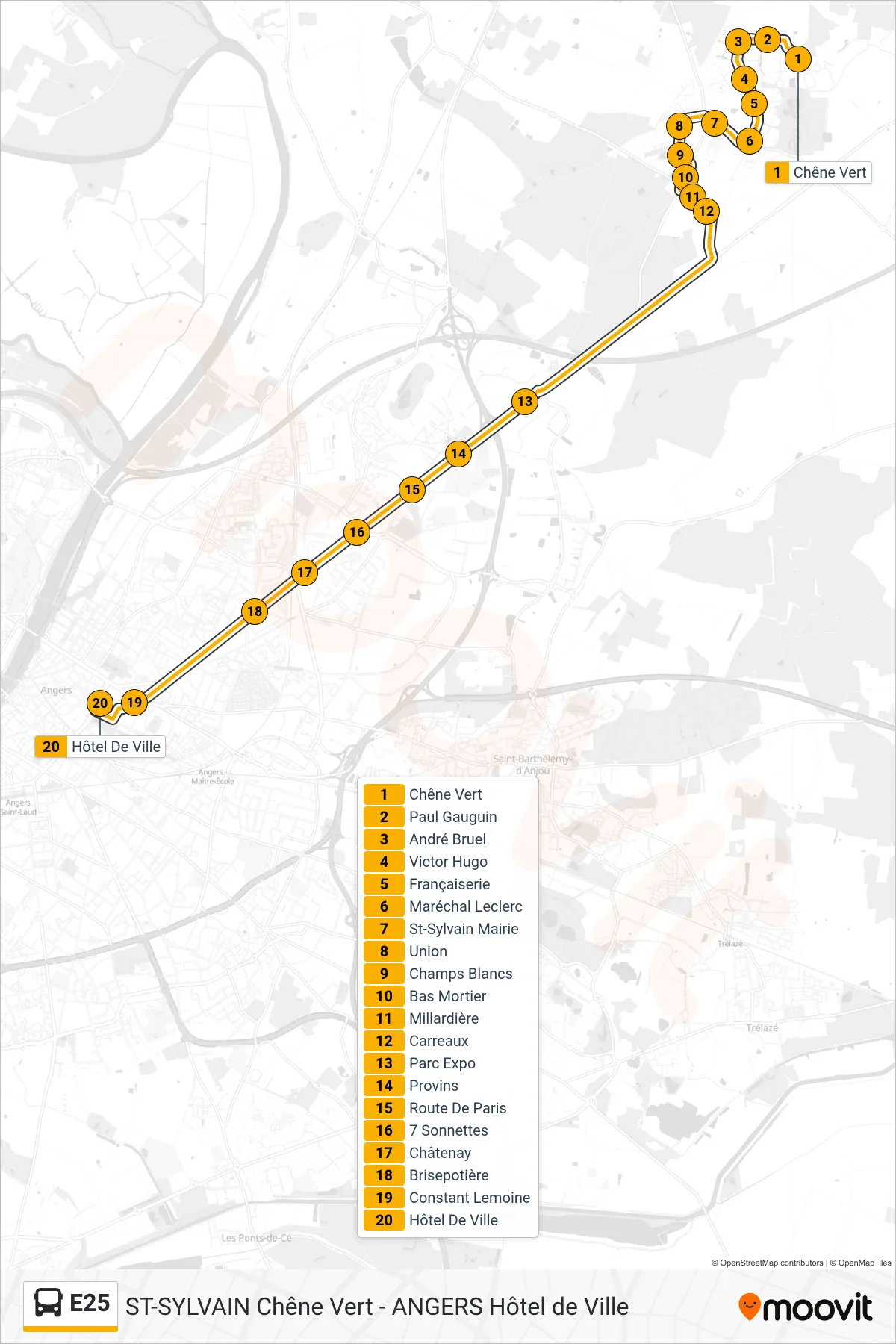 Tracé et arrêts de la ligne E25 de bus (Angers Hotel De Ville) sur une carte