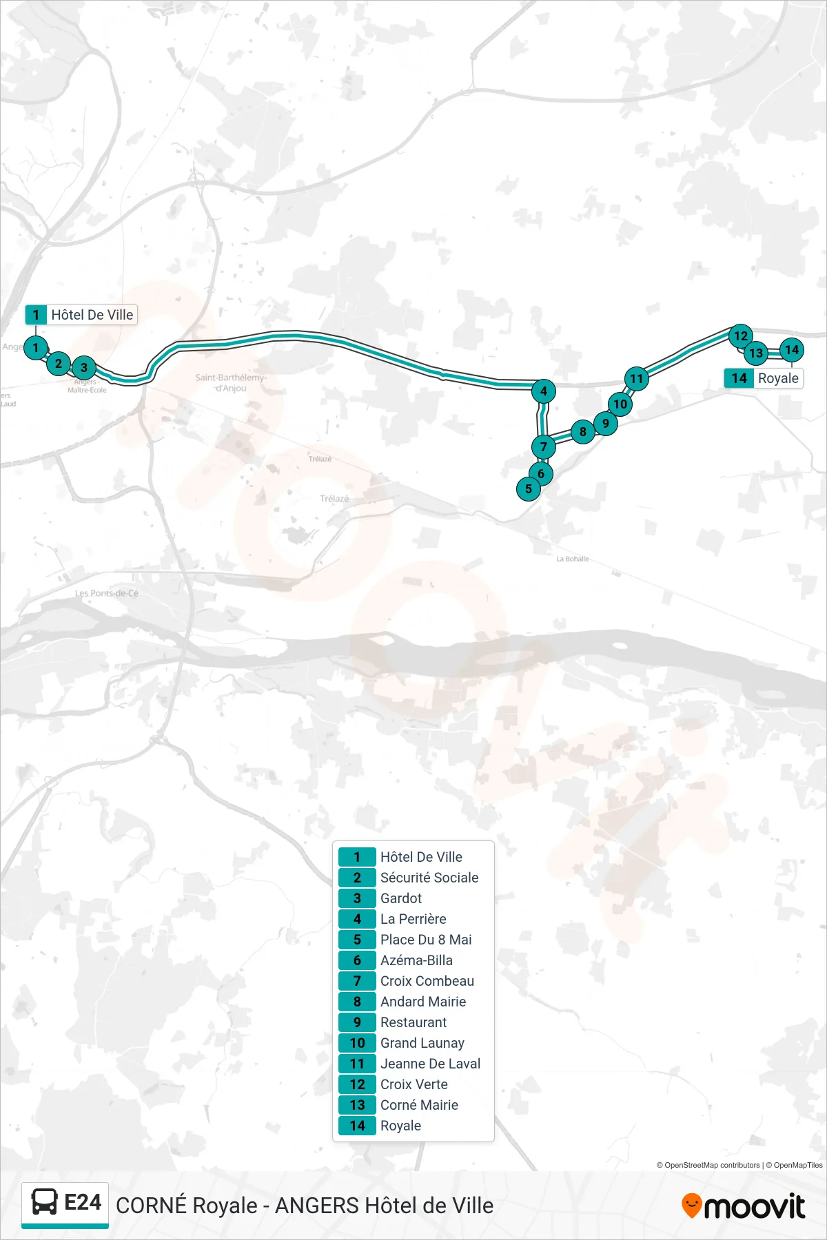 Tracé et arrêts de la ligne E24 de bus (Corné Royale) sur une carte