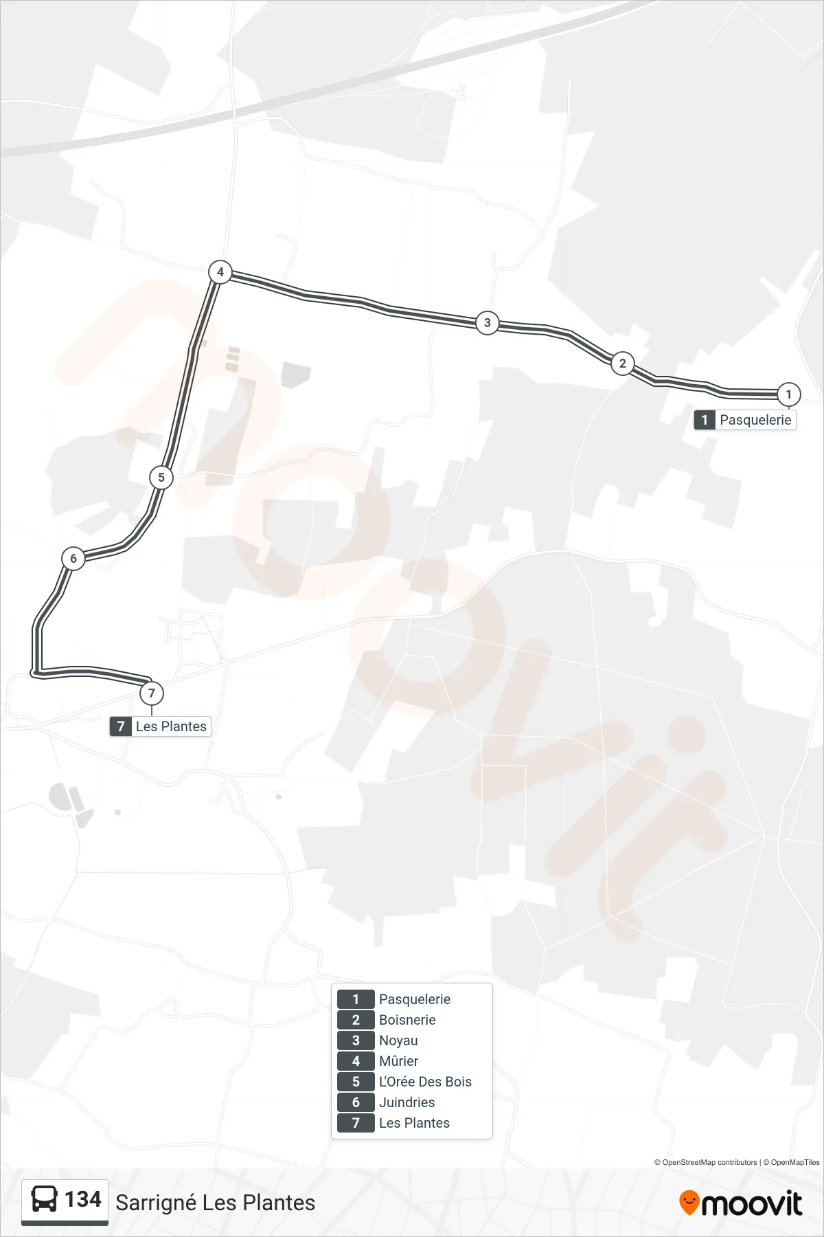 Recorrido y paradas de la línea 134 de autobús (Sarrigné Les Plantes) en el mapa