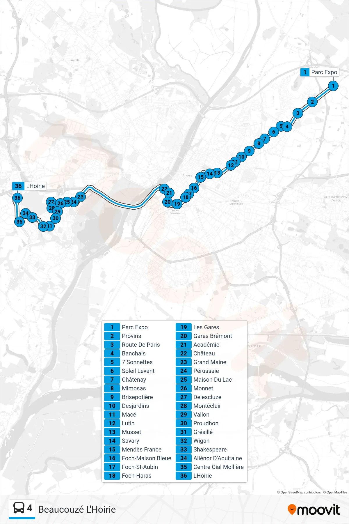 4 bus Line (Beaucouzé L'Hoirie) route and stops on a map
