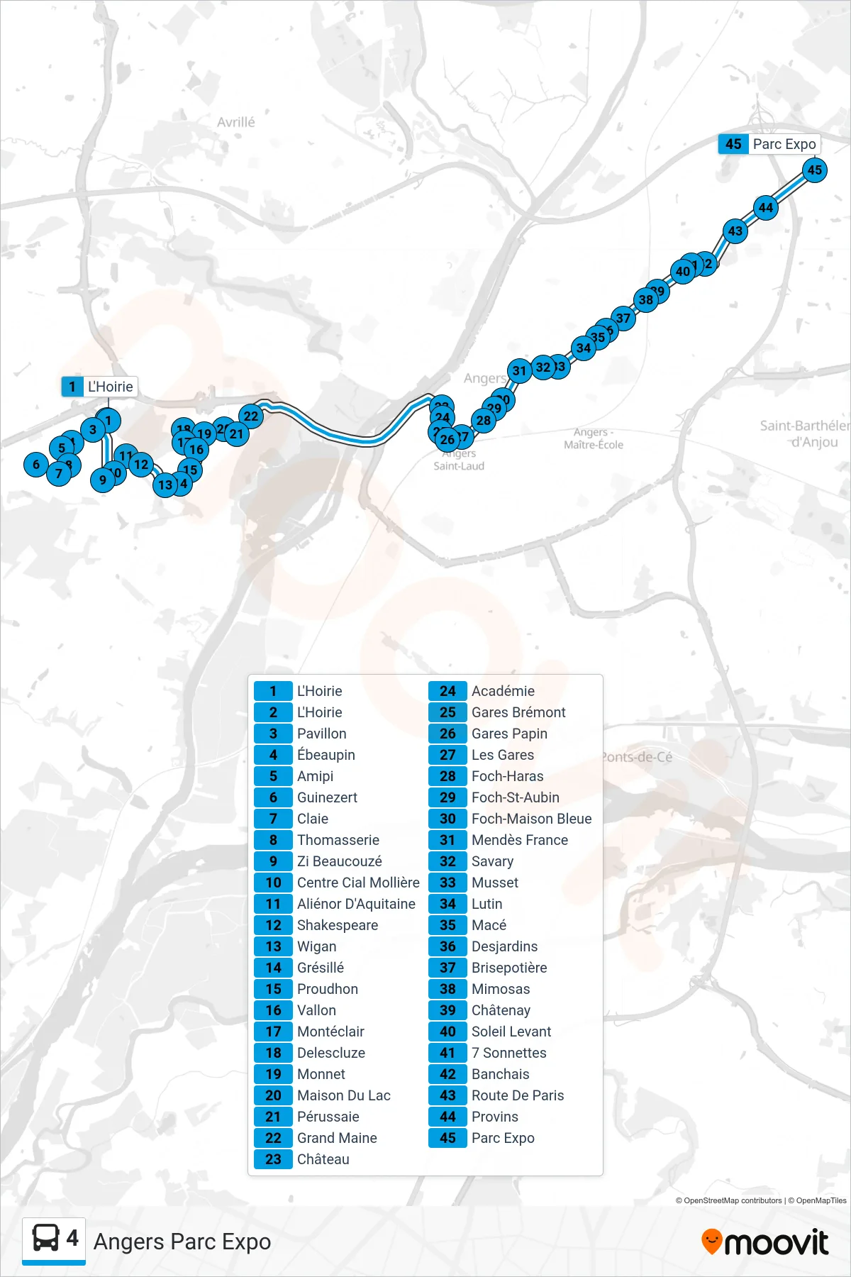 4 bus Line (Angers Parc Expo) route and stops on a map